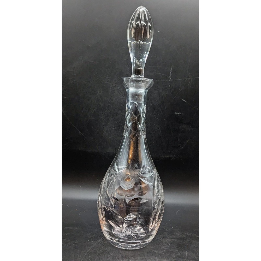 Vintage Clear Glass Crystal Etched Flower‎ Decanter W Stopper 16.5"